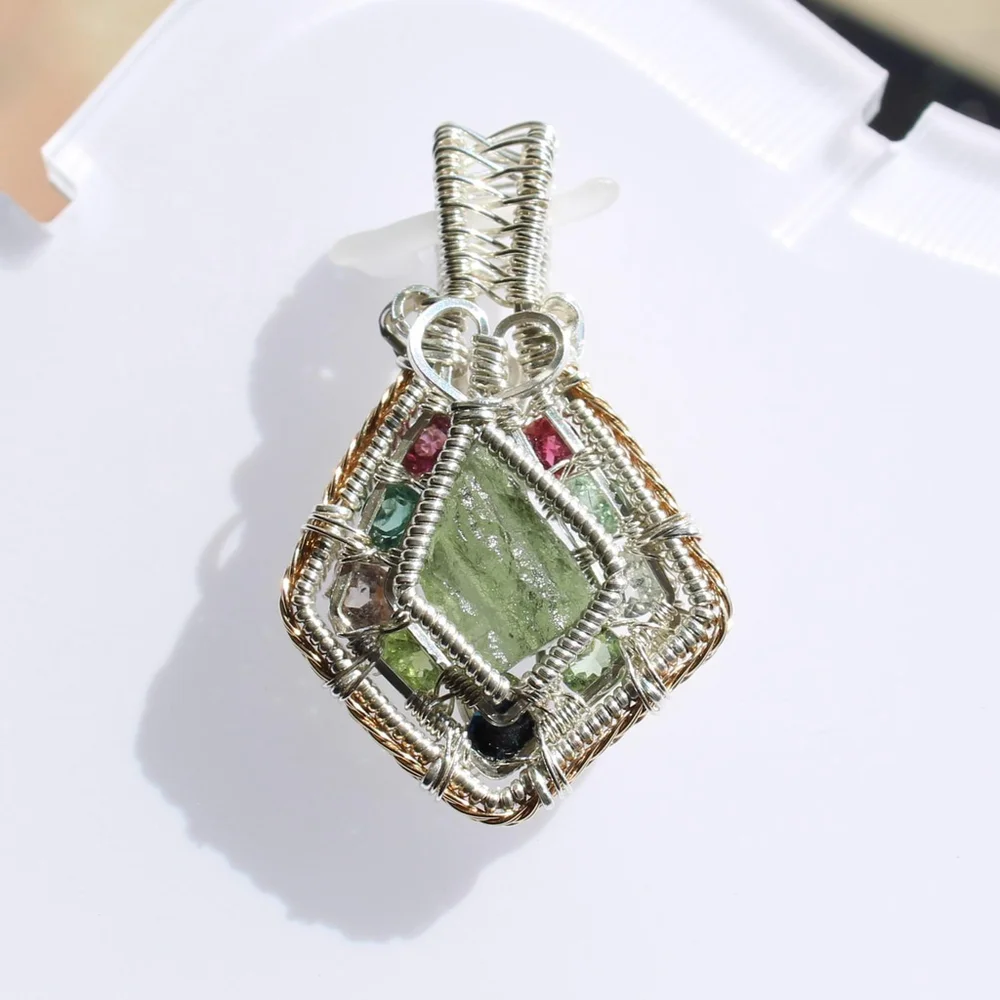 Handmade Moldavite & Tourmaline Pendant – Sterling Silver Crystal Necklace - Picture 6 of 10